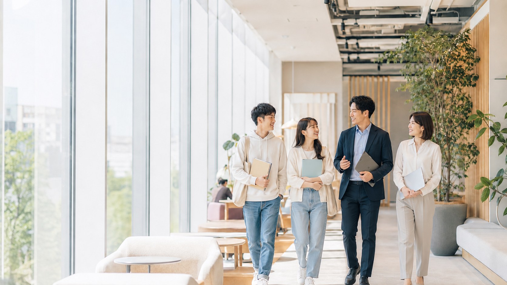 明るいオフィスを歩きながら対話する若手と社員